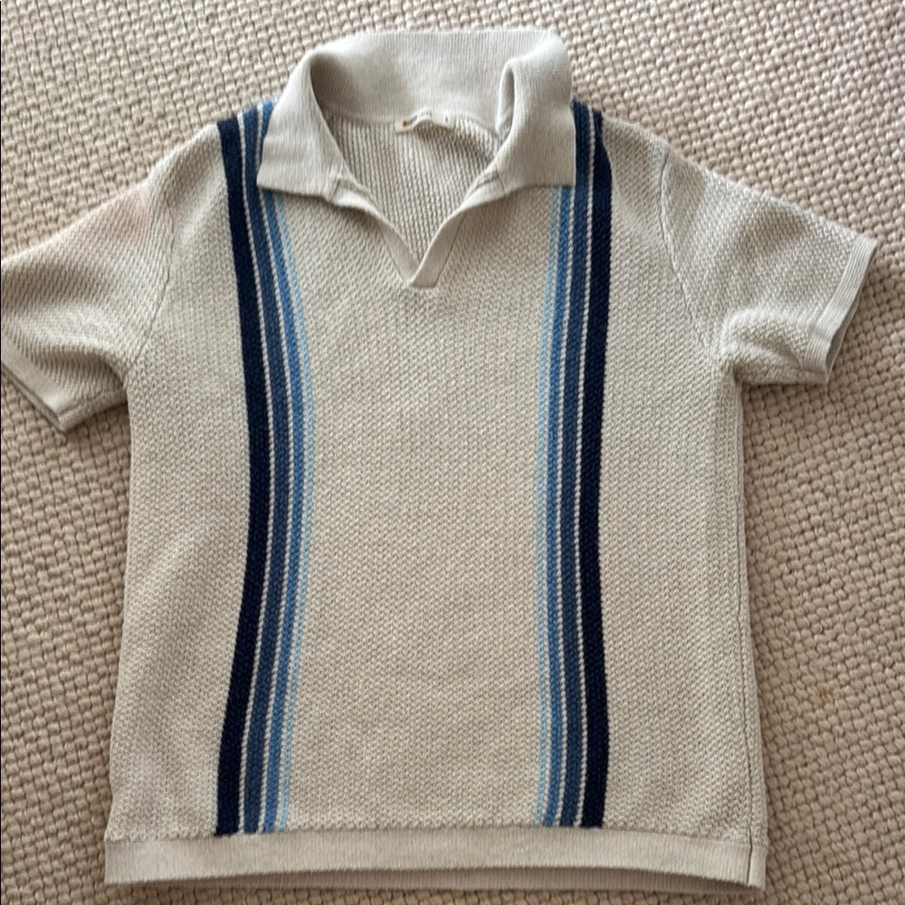 Beige Knit Polo Shirt with Blue Stripes